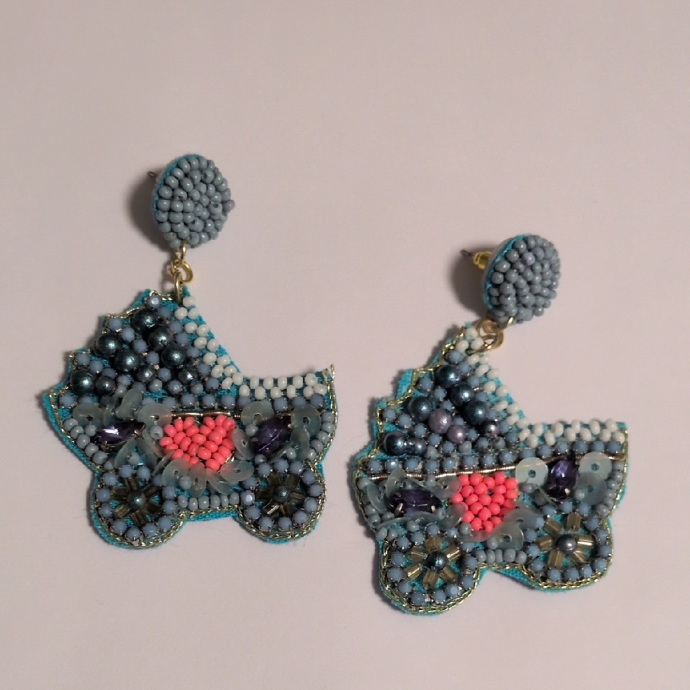 Beaded Blue and Pink Baby Carriage Statement Earrings‎
